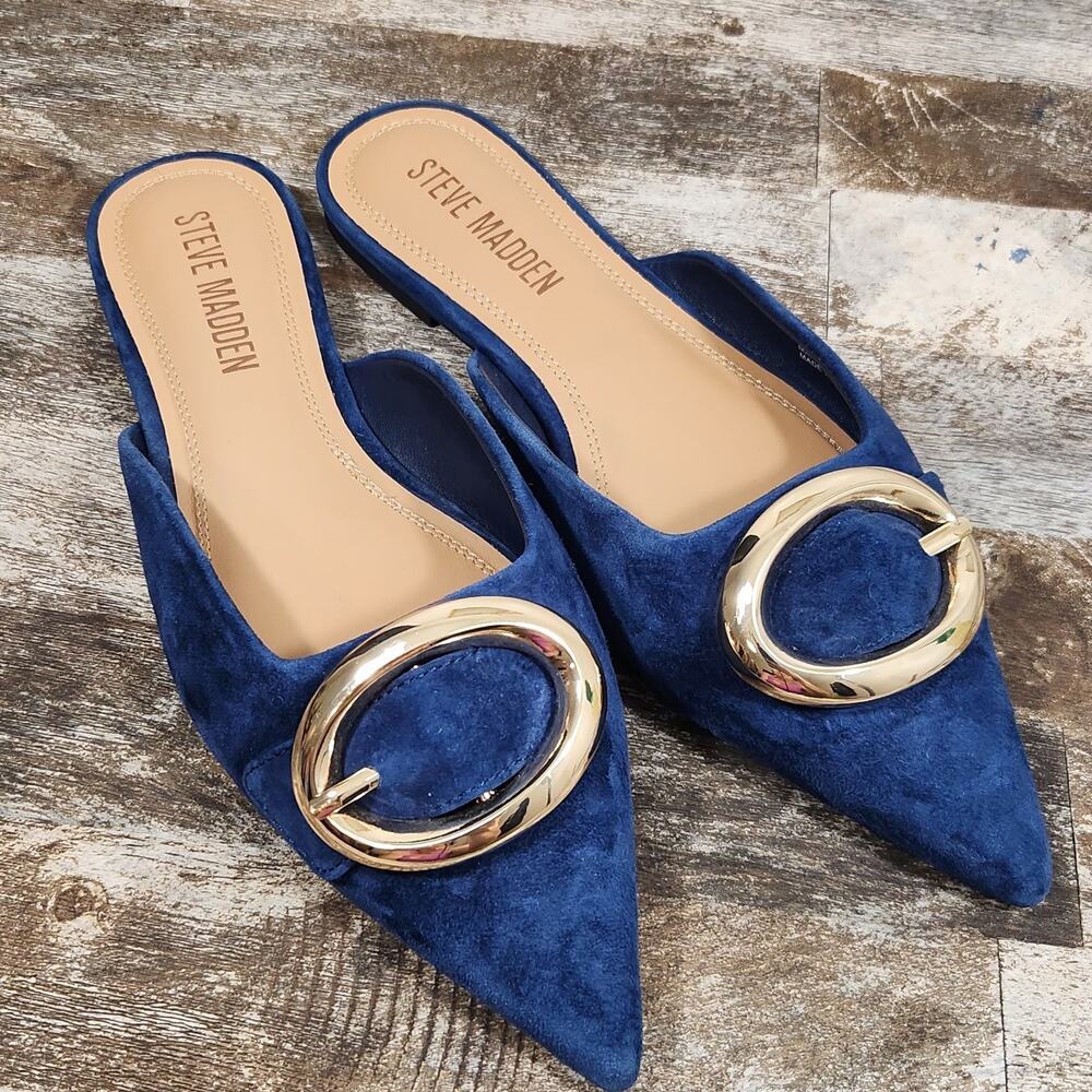 Steve Madden Navy Blue Leather Flats Sz 6.5 Mule Pointed Toe Gold Buckle Career